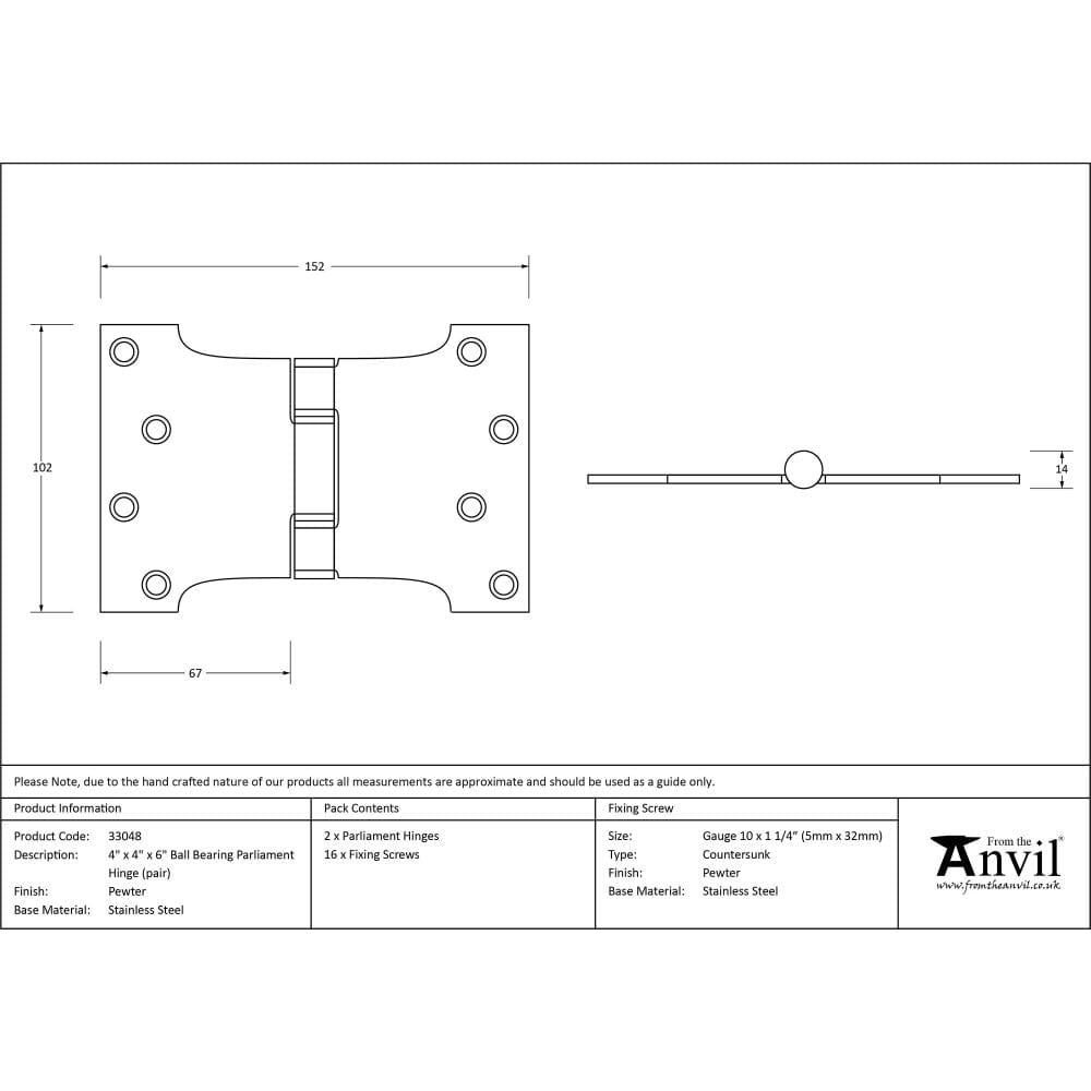 From The Anvil Hinges Pewter Patina / Parliament Hinges / 4" x (102mm) From The Anvil - Pewter 4" x 4" x 6" Parliament Hinge (pair) ss