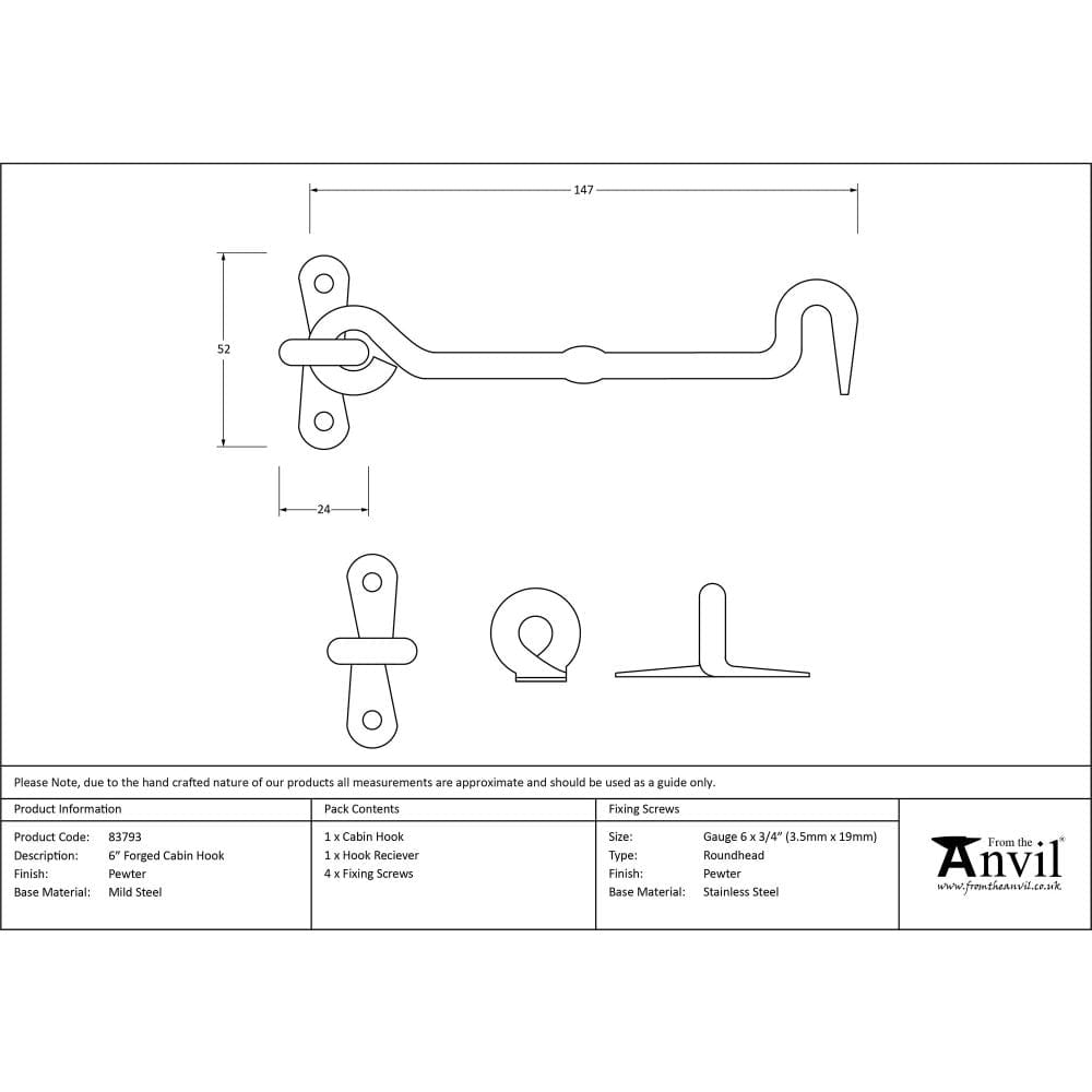 From The Anvil Accessories Pewter Patina / Cabin Hooks / 6" / 150mm From The Anvil - Pewter 6" Forged Cabin Hook