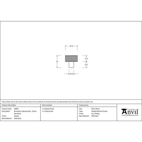 From The Anvil Cabinet Hardware Pewter Patina / Cabinet Knobs / 25mm Dia. From The Anvil - Pewter Brompton Cabinet Knob - 25mm (No rose)