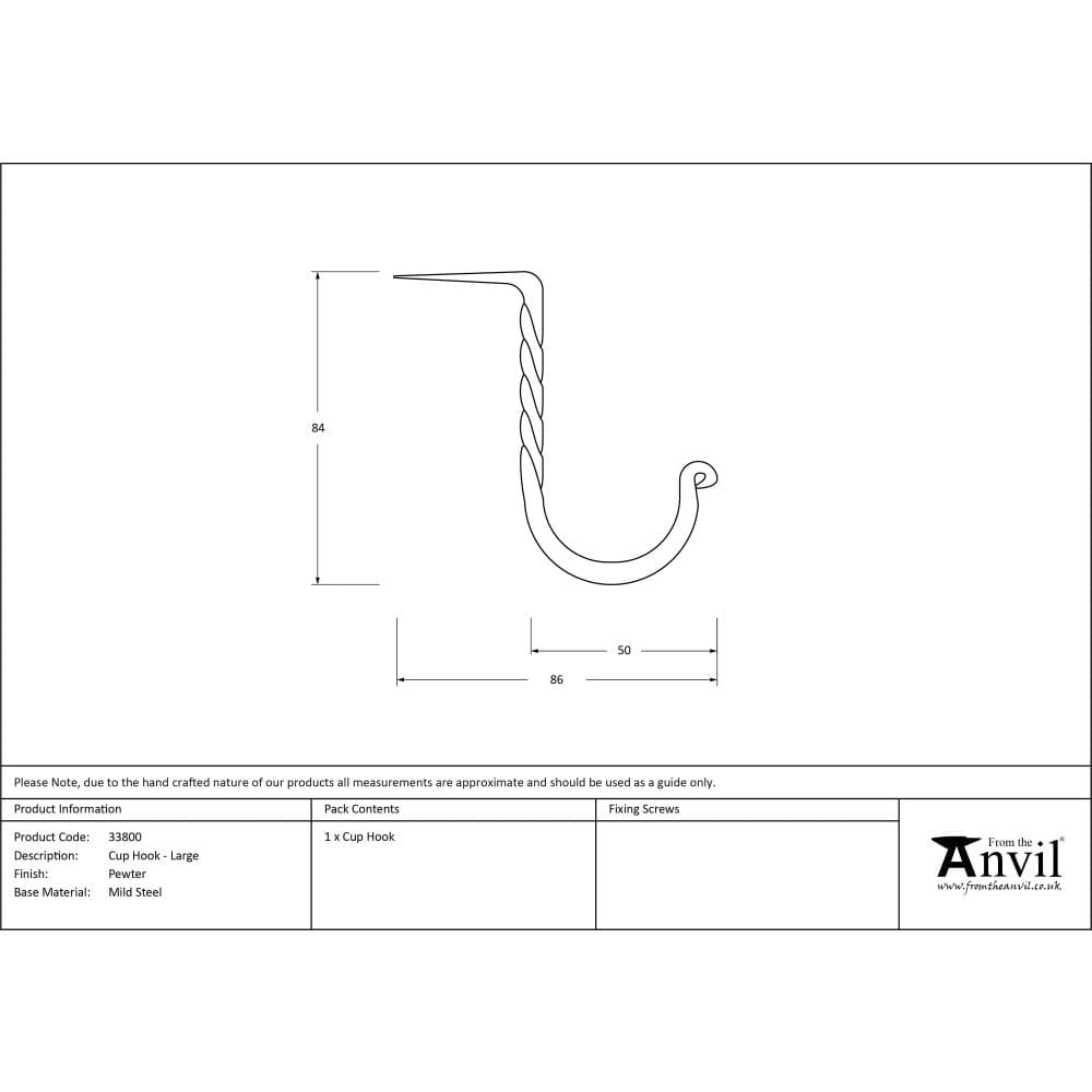 From The Anvil Accessories Pewter Patina / Cup Hooks From The Anvil - Pewter Cup Hook - Large