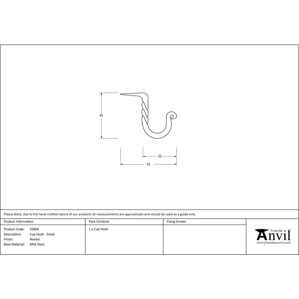 From The Anvil Accessories Pewter Patina / Cup Hooks From The Anvil - Pewter Cup Hook - Small