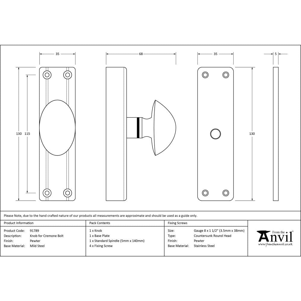 From The Anvil Accessories Pewter Patina / Espagnolette Bolts From The Anvil - Pewter knob for Cremone Bolt