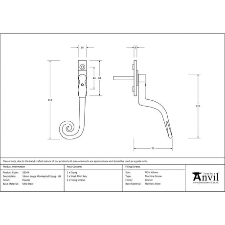 From The Anvil Window Furniture Pewter Patina / Left Hand / Yes From The Anvil - Pewter Large 16mm Monkeytail Espag - LH