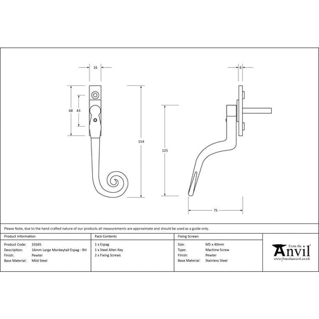 From The Anvil Window Furniture Pewter Patina / Right Hand / Yes From The Anvil - Pewter Large 16mm Monkeytail Espag - RH