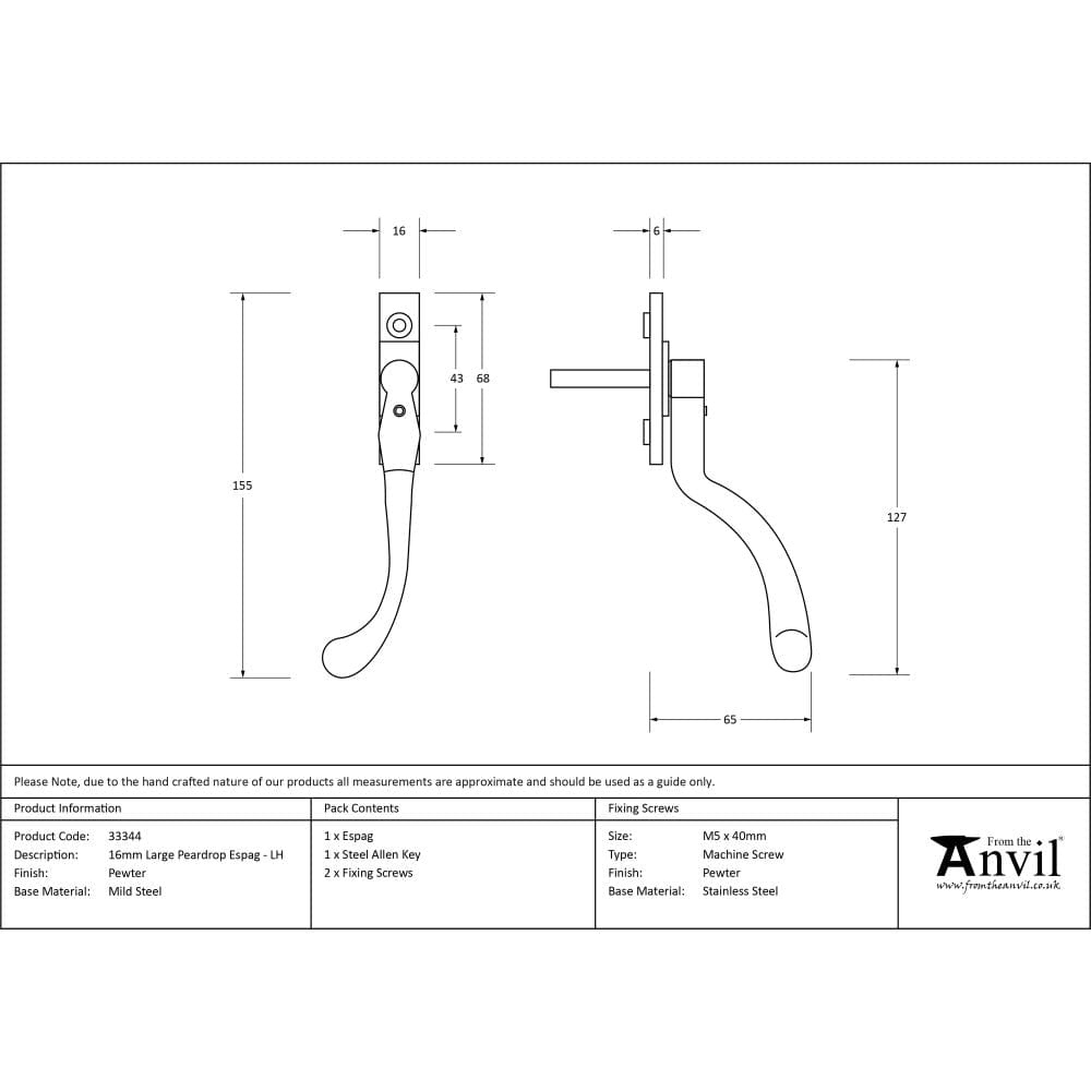 From The Anvil Window Furniture Pewter Patina / Left Hand / Yes From The Anvil - Pewter Large 16mm Peardrop Espag - LH