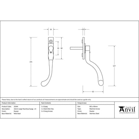 From The Anvil Window Furniture Pewter Patina / Left Hand / Yes From The Anvil - Pewter Large 16mm Peardrop Espag - LH
