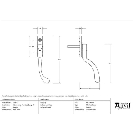 From The Anvil Window Furniture Pewter Patina / Right Hand / Yes From The Anvil - Pewter Large 16mm Peardrop Espag - RH