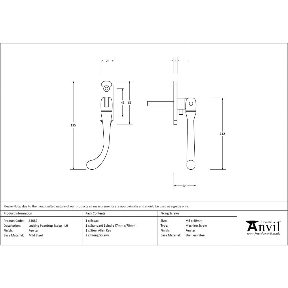 From The Anvil Window Furniture Pewter Patina / Left Hand / Yes From The Anvil - Pewter Locking Peardrop Espag - LH