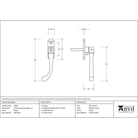 From The Anvil Window Furniture Pewter Patina / Left Hand / Yes From The Anvil - Pewter Locking Peardrop Espag - LH