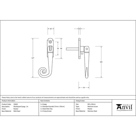 From The Anvil Window Furniture Pewter Patina / Left Hand / Yes From The Anvil - Pewter Monkeytail Espag - LH