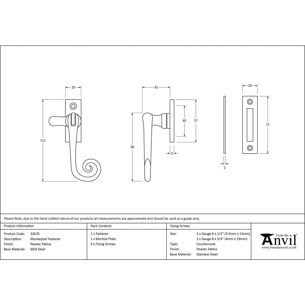 From The Anvil Window Furniture Pewter Patina / No / Mortice & Hook Place From The Anvil - Pewter Monkeytail Fastener