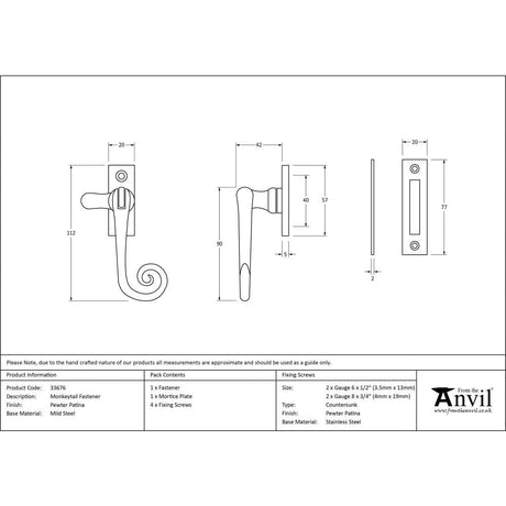 From The Anvil Window Furniture Pewter Patina / No / Mortice & Hook Place From The Anvil - Pewter Monkeytail Fastener