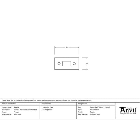 From The Anvil Accessories Pewter Patina / Spares & Accessories From The Anvil - Pewter Mortice Plate For 6" Cranked Bolt