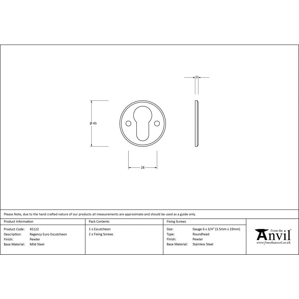 From The Anvil Door Furniture Pewter Patina / Euro Profile Escutcheons From The Anvil - Pewter Regency Euro Escutcheon