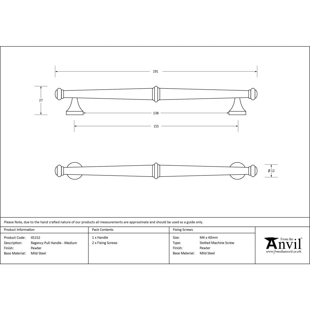 From The Anvil Cabinet Hardware Pewter Patina / Cabinet Pull Handles / Medium From The Anvil - Pewter Regency Pull Handle - Medium
