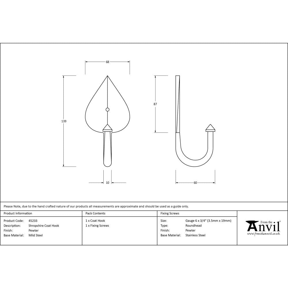 From The Anvil Accessories Pewter Patina / Single Coat Hooks From The Anvil - Pewter Shropshire Coat Hook