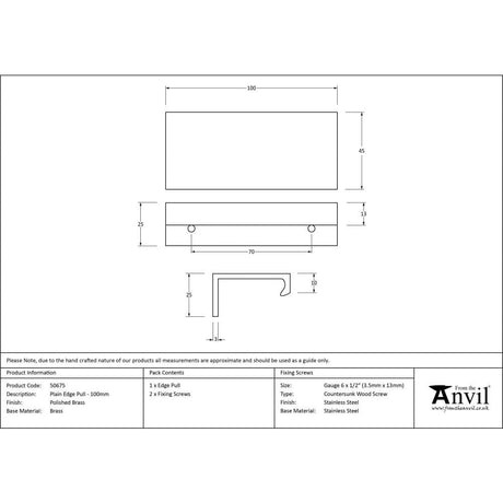 From The Anvil Cabinet Hardware Polished Brass / Edge Pull / 100mm From The Anvil - Polished Brass 100mm Plain Edge Pull