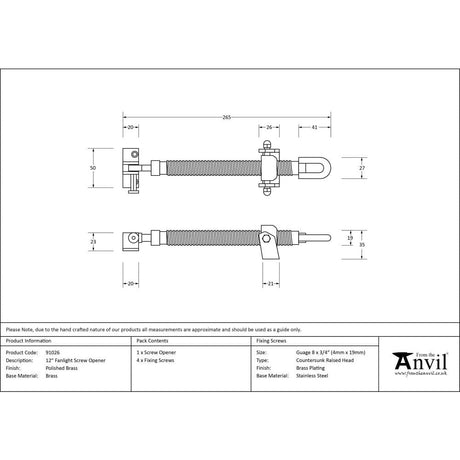 From The Anvil Window Furniture Polished Brass / Fanlight Openers From The Anvil - Polished Brass 12" Fanlight Screw Opener