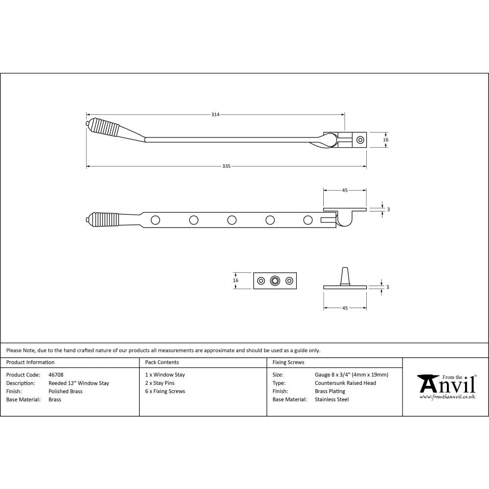 From The Anvil Window Furniture Polished Brass / 12"/300mm From The Anvil - Polished Brass 12" Reeded Stay