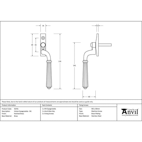 From The Anvil Window Furniture Polished Brass / Right Hand / Yes From The Anvil - Polished Brass Hinton Espag - RH