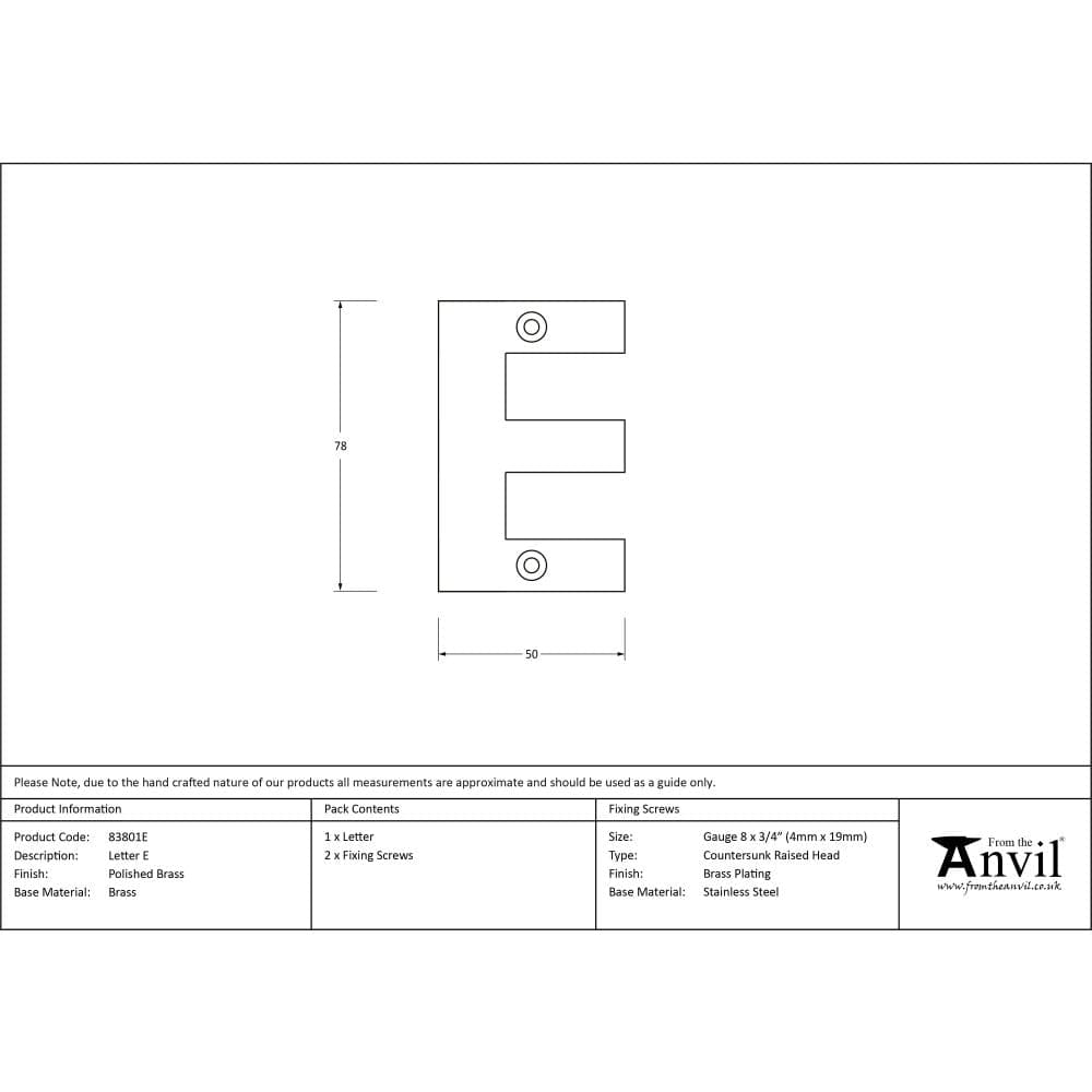 From The Anvil Door Furniture Polished Brass / Letters / E From The Anvil - Polished Brass Letter E