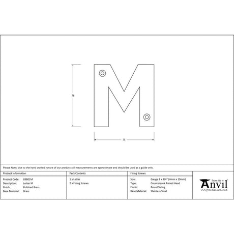 From The Anvil Door Furniture Polished Brass / Letters / M From The Anvil - Polished Brass Letter M