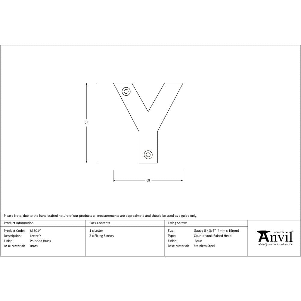 From The Anvil Door Furniture Polished Brass / Letters / Y From The Anvil - Polished Brass Letter Y