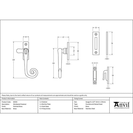 From The Anvil Window Furniture Polished Brass / No / Mortice & Hook Place From The Anvil - Polished Brass Monkeytail Fastener