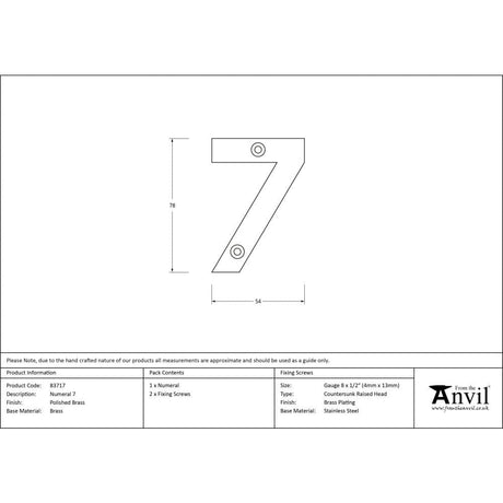 From The Anvil Door Furniture Polished Brass / Numerals / 7 From The Anvil - Polished Brass Numeral 7