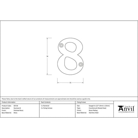 From The Anvil Door Furniture Polished Brass / Numerals / 8 From The Anvil - Polished Brass Numeral 8