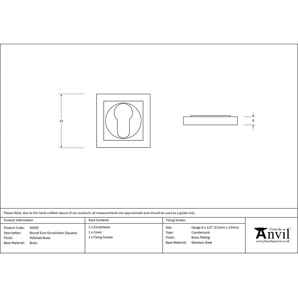 From The Anvil Door Furniture Polished Brass / Euro Profile Escutcheons From The Anvil - Polished Brass Round Euro Escutcheon (Square)
