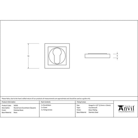 From The Anvil Door Furniture Polished Brass / Euro Profile Escutcheons From The Anvil - Polished Brass Round Euro Escutcheon (Square)