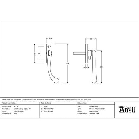 From The Anvil Window Furniture Polished Brass / Right Hand / Yes From The Anvil - Polished Brass Slim Peardrop Espag - RH