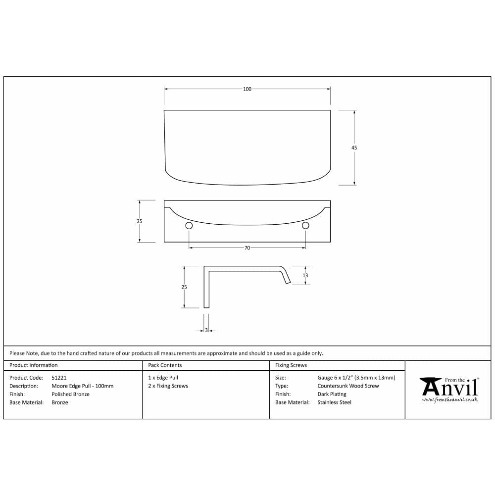 From The Anvil Cabinet Hardware Polished Bronze / Edge Pull / 100mm From The Anvil - Polished Bronze 100mm Moore Edge Pull