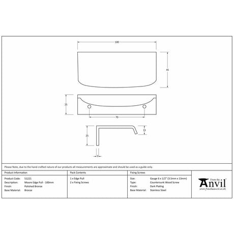 From The Anvil Cabinet Hardware Polished Bronze / Edge Pull / 100mm From The Anvil - Polished Bronze 100mm Moore Edge Pull