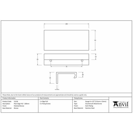 From The Anvil Cabinet Hardware Polished Bronze / Edge Pull / 100mm From The Anvil - Polished Bronze 100mm Plain Edge Pull