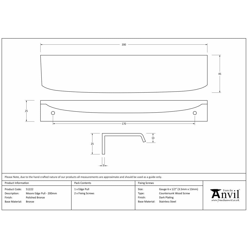 From The Anvil Cabinet Hardware Polished Bronze / Edge Pull / 200mm From The Anvil - Polished Bronze 200mm Moore Edge Pull