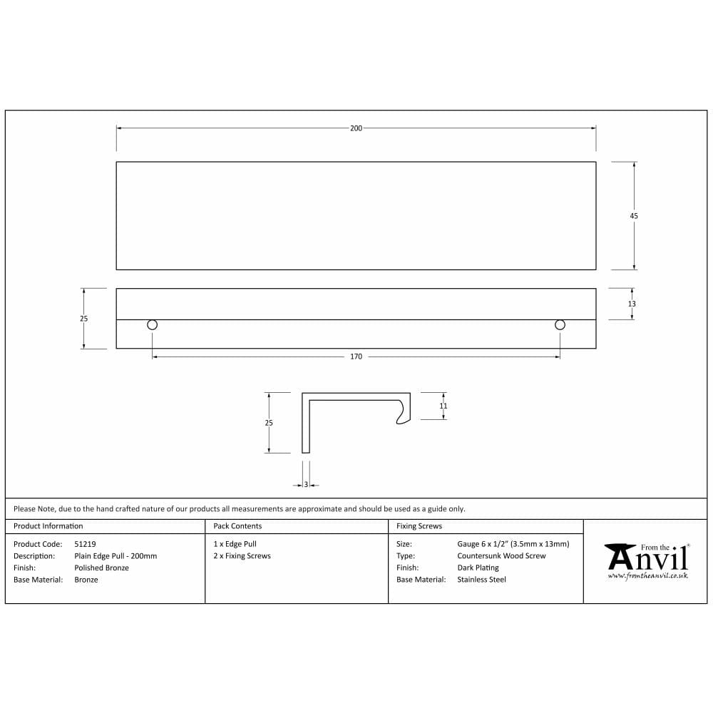 From The Anvil Cabinet Hardware Polished Bronze / Edge Pull / 200mm From The Anvil - Polished Bronze 200mm Plain Edge Pull