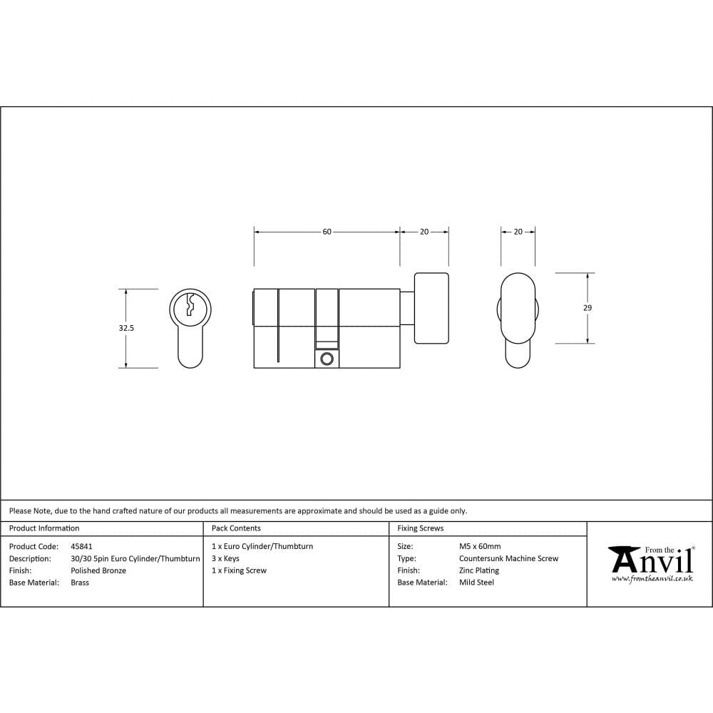 From The Anvil Locks & Latches Polished Bronze / Euro Cylinder & Turn / 30 x 30mm From The Anvil - Polished Bronze 30/30 5pin Euro Cylinder/Thumbturn