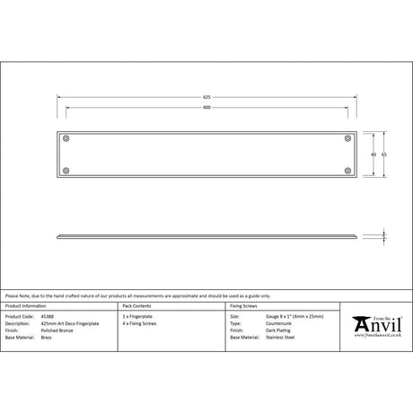From The Anvil Door Furniture Polished Bronze / Finger Plates / 425 x 65mm From The Anvil - Polished Bronze 425mm Art Deco Fingerplate