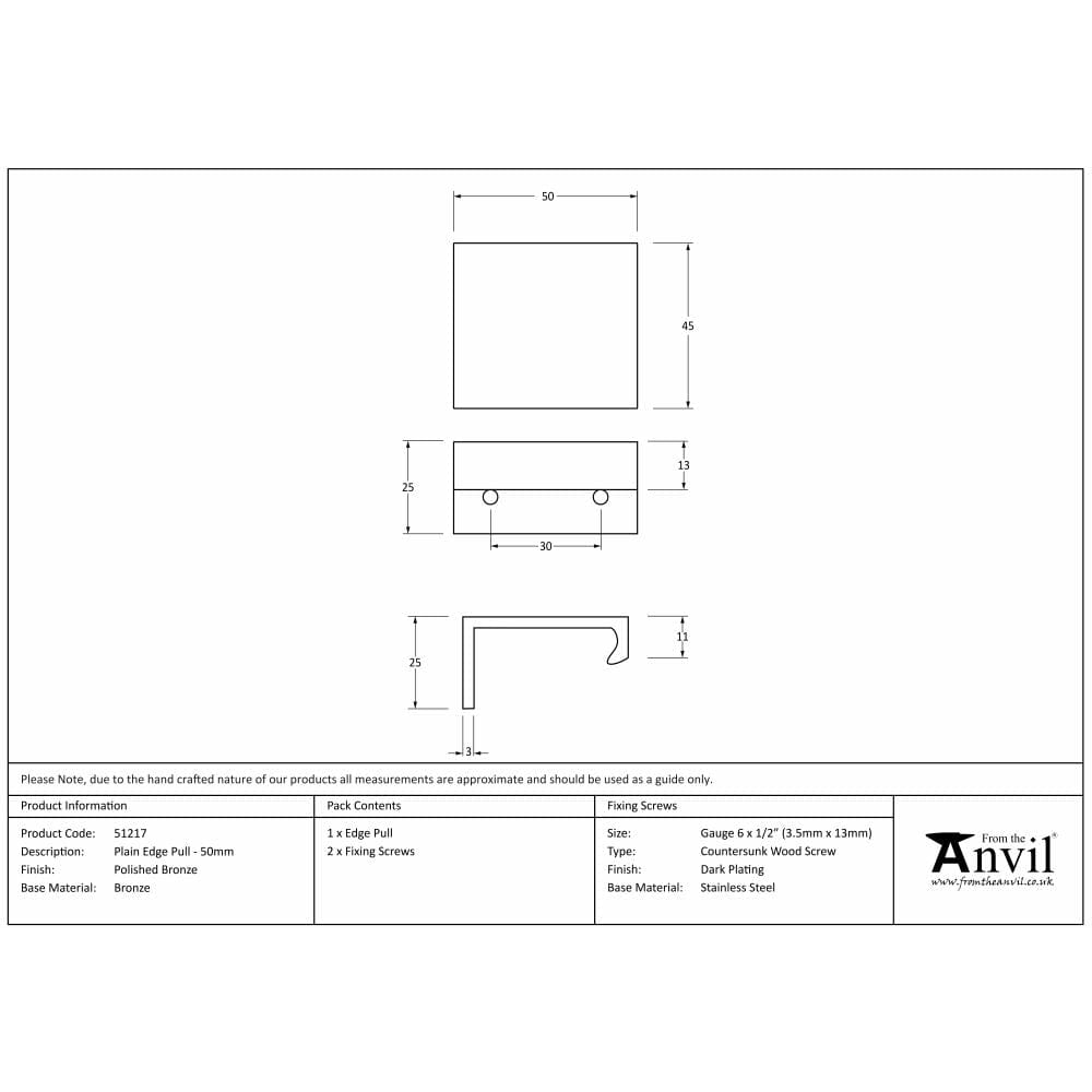 From The Anvil Cabinet Hardware Polished Bronze / Edge Pull / 50mm From The Anvil - Polished Bronze 50mm Plain Edge Pull