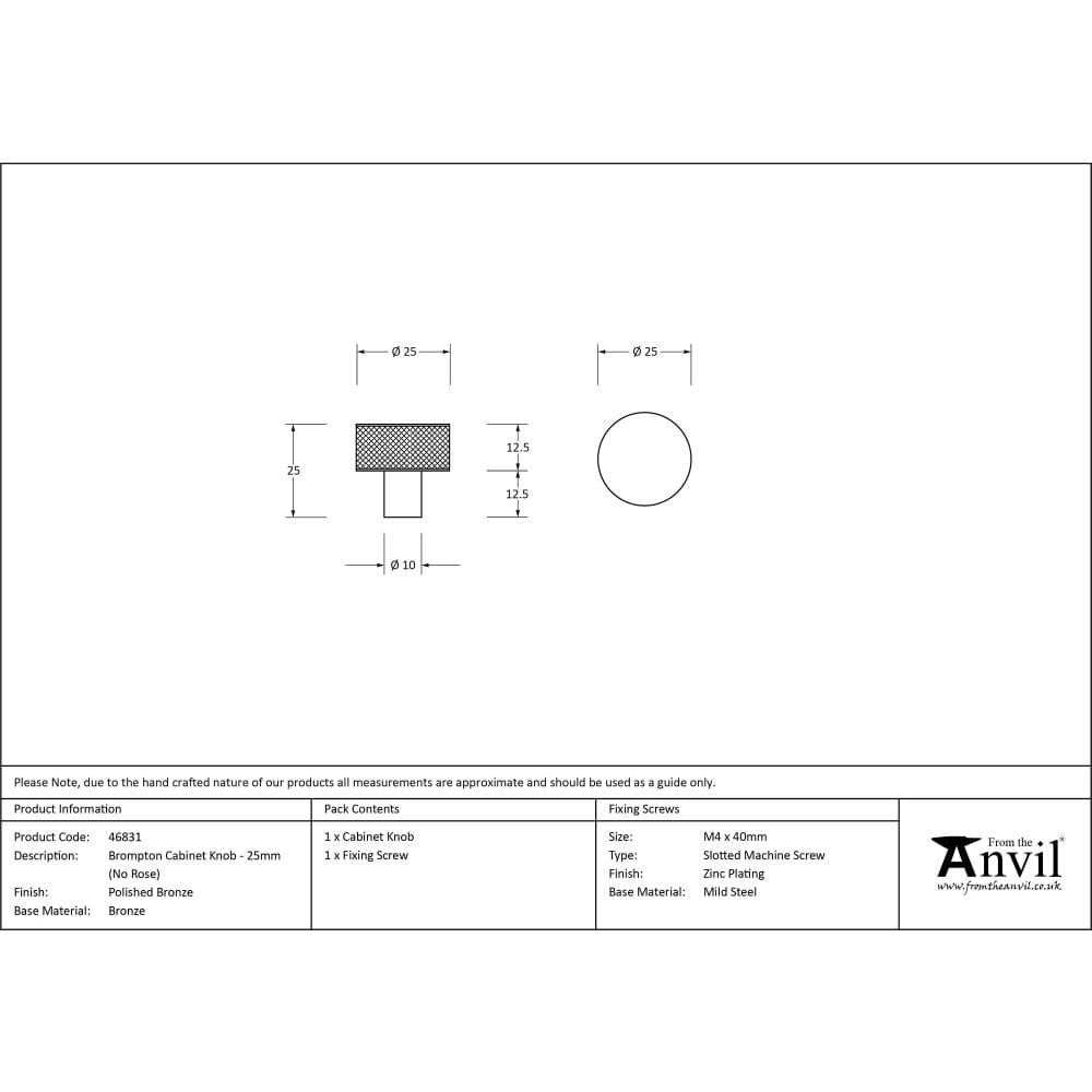 From The Anvil Cabinet Hardware Polished Bronze / Cabinet Knobs / 25mm Dia. From The Anvil - Polished Bronze Brompton Cabinet Knob - 25mm (No rose)