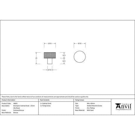 From The Anvil Cabinet Hardware Polished Bronze / Cabinet Knobs / 25mm Dia. From The Anvil - Polished Bronze Brompton Cabinet Knob - 25mm (No rose)