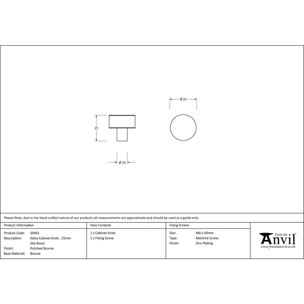 From The Anvil Cabinet Hardware Polished Bronze / Cabinet Knobs / 25mm Dia. From The Anvil - Polished Bronze Kelso Cabinet Knob - 25mm (No rose)
