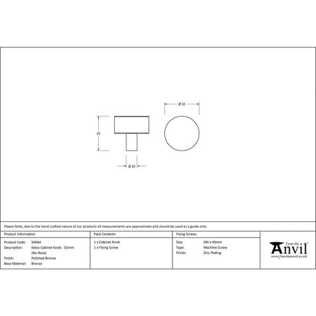 From The Anvil Cabinet Hardware Polished Bronze / Cabinet Knobs / 32mm Dia. From The Anvil - Polished Bronze Kelso Cabinet Knob - 32mm (No rose)