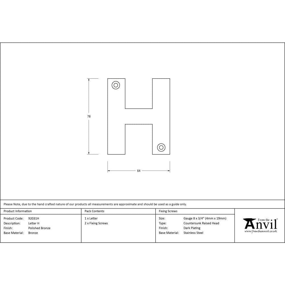 From The Anvil Door Furniture Polished Bronze / Letters / H From The Anvil - Polished Bronze Letter H