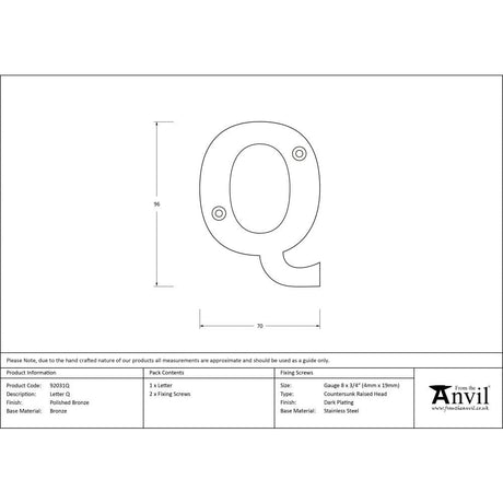 From The Anvil Door Furniture Polished Bronze / Letters / Q From The Anvil - Polished Bronze Letter Q
