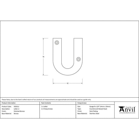 From The Anvil Door Furniture Polished Bronze / Letters / U From The Anvil - Polished Bronze Letter U