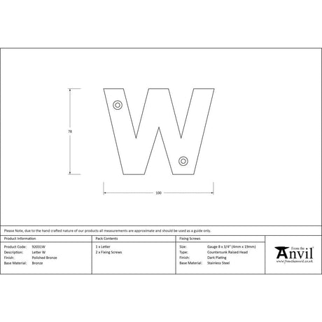 From The Anvil Door Furniture Polished Bronze / Letters / W From The Anvil - Polished Bronze Letter W