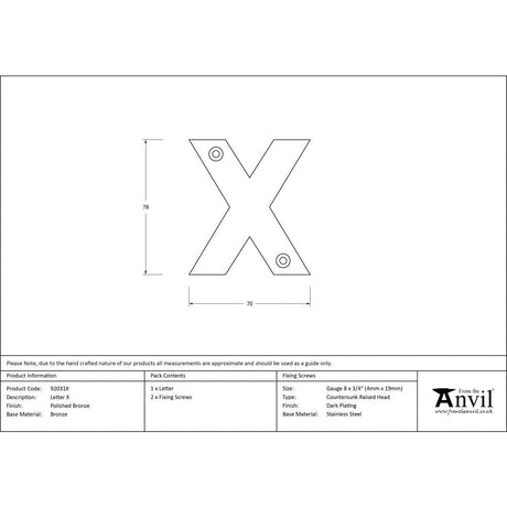 From The Anvil Door Furniture Polished Bronze / Letters / X From The Anvil - Polished Bronze Letter X